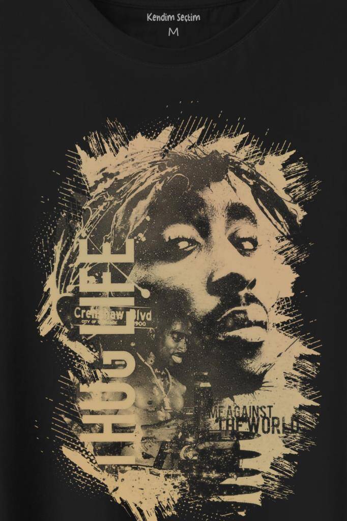 2Pac Hip Hop Rap Amerika West Coast Baskılı Siyah Tişört Unisex (1)