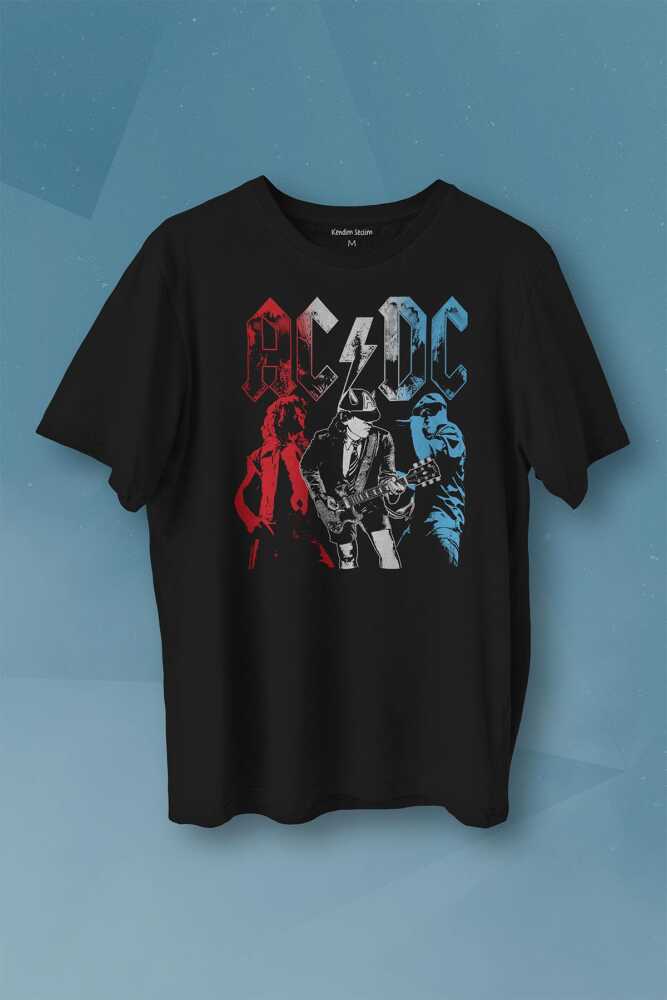 AC DC Angus ve Malcolm Young Rock'n Roll Baskılı Siyah Tişört Unisex