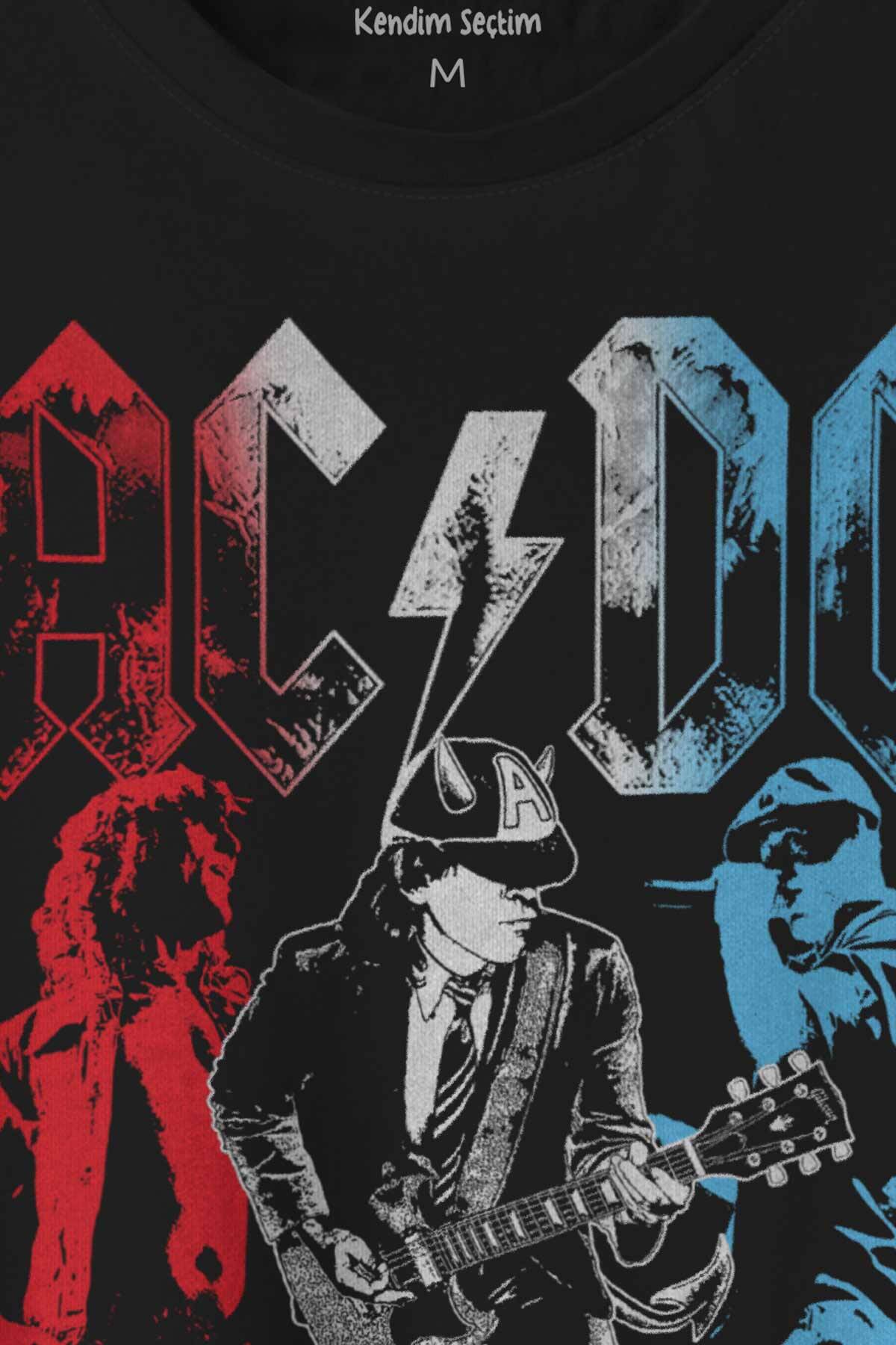 Ac Dc Kırmızı Bordo Gri Mavi Angus ve Malcolm Young Rock'n Roll Baskılı Tişört Unisex T-shirt (1)