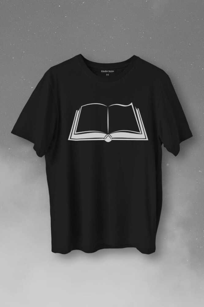 Açık Kitap Sayfası Edebiyat Roman Şiir Şair Adam Baskılı Siyah Tişört Unisex