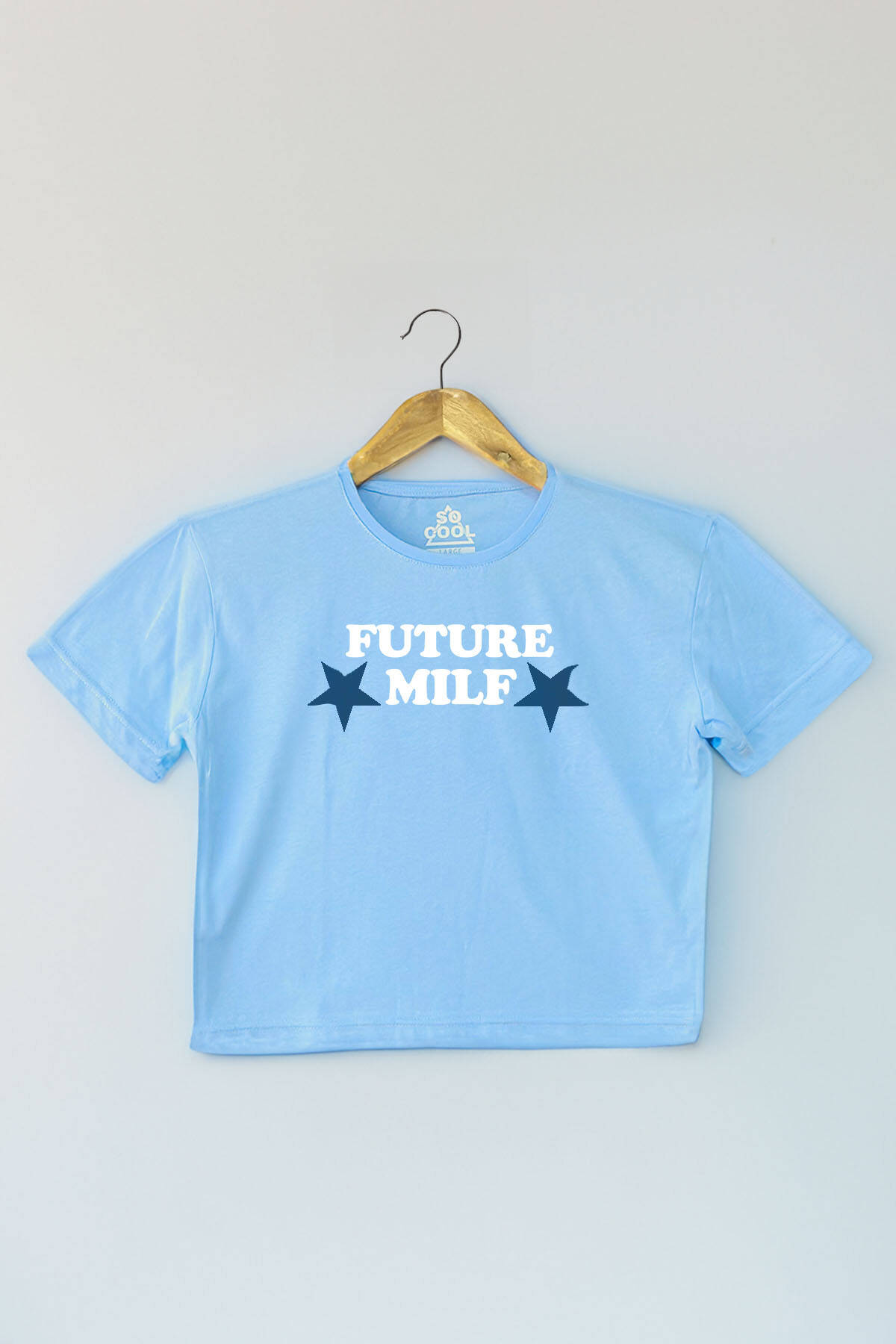 Açık Mavi Future Milf Yazı Baskılı Y2K Light Blue Kadın Crop Tişört Baby Tee