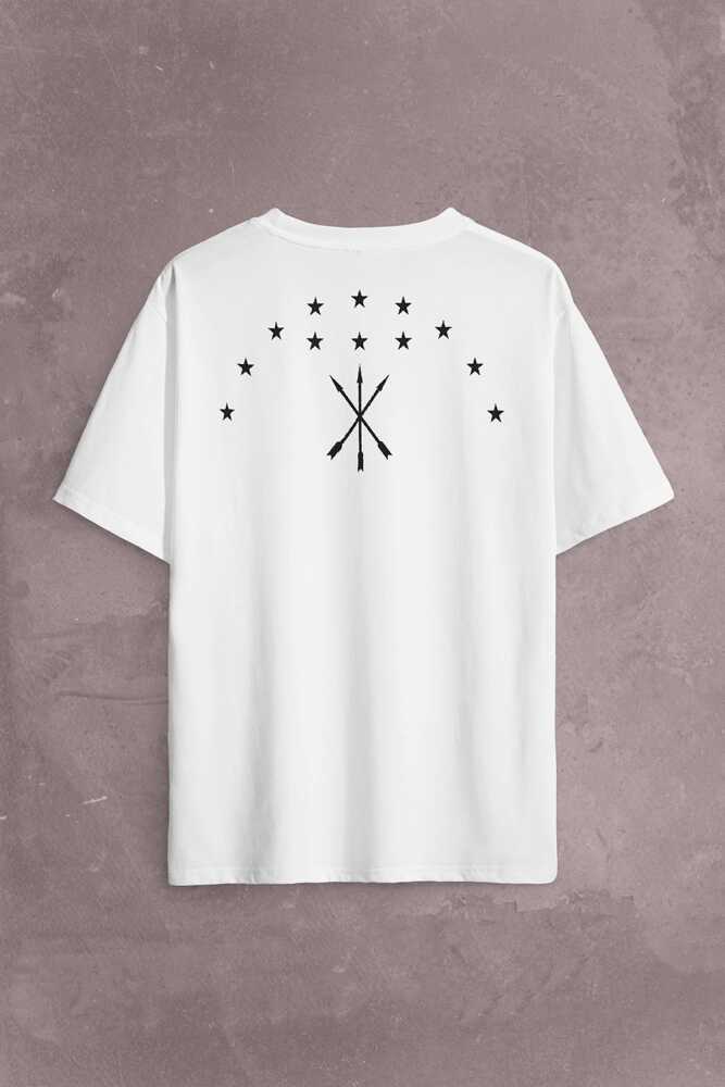 Adige Çerkes Bayrağı Adygea Circassian Flag Sırt Ön Baskılı Beyaz Oversize Tişört Unisex (1)
