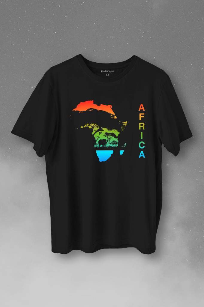 Africa Afrika Kıtası Gökkuşağı Renkleri Baskılı Siyah Tişört Unisex