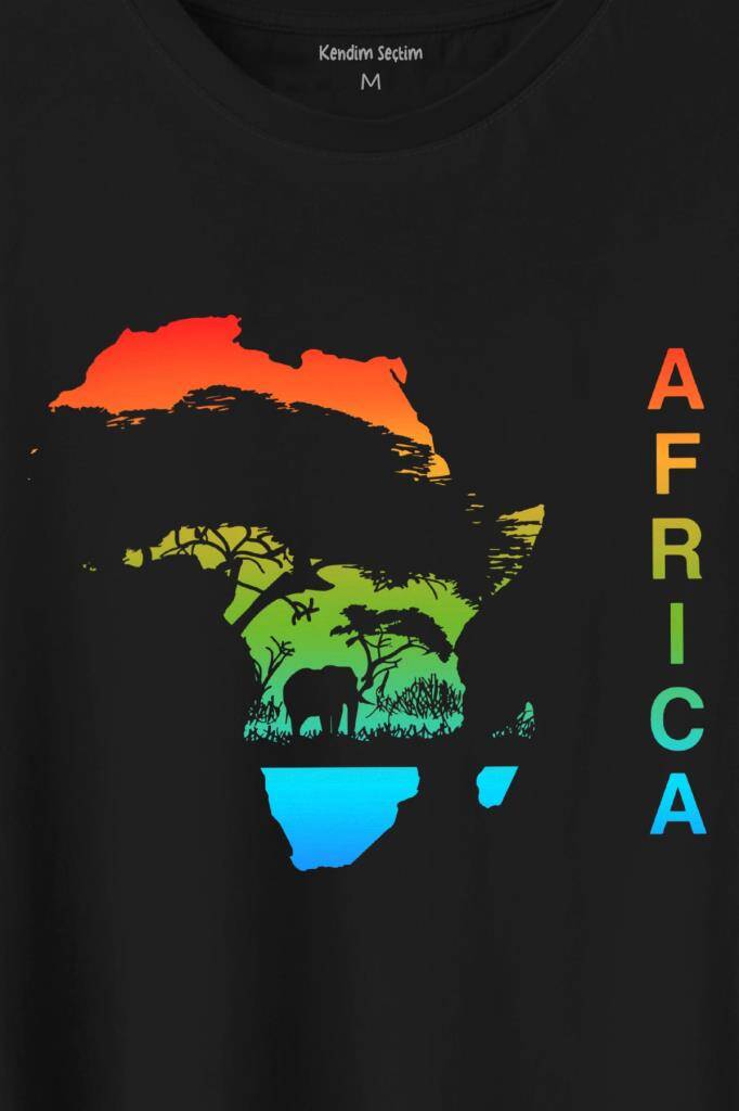 Africa Afrika Kıtası Gökkuşağı Renkleri Baskılı Siyah Tişört Unisex (1)