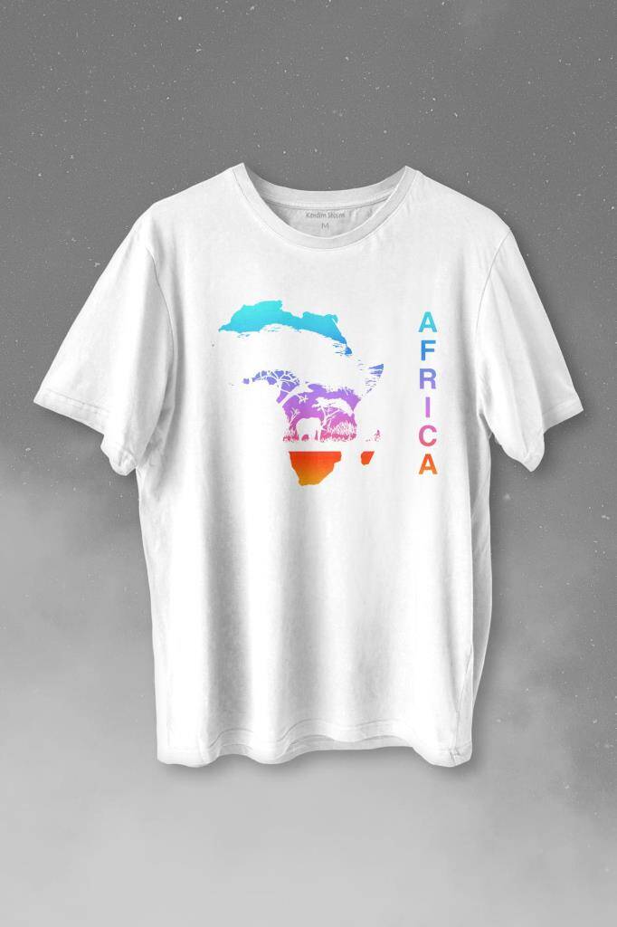 Africa Afrika Kıtası Gökkuşağı Renkleri Baskılı Beyaz Tişört Unisex