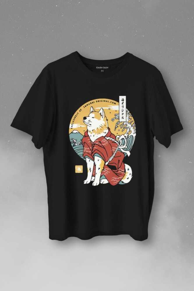 Akita Dog Japon Köpeği Shiba Inu Samurai Japanese Baskılı Siyah Tişört Unisex