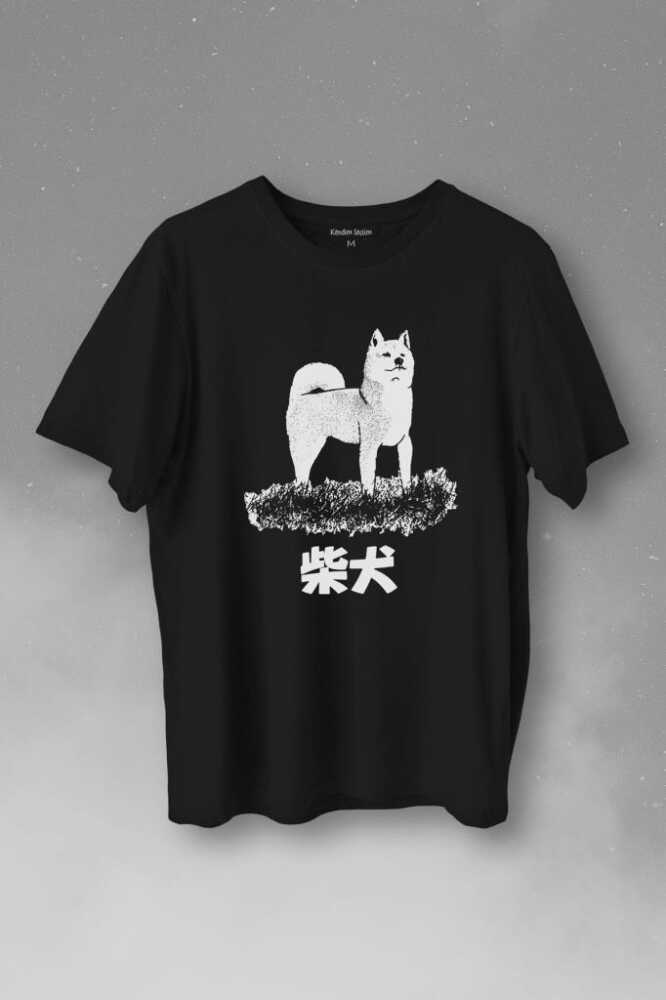Samurai Akita Dog Japon Köpeği Shiba Inu Japanese Baskılı Siyah Tişört Unisex