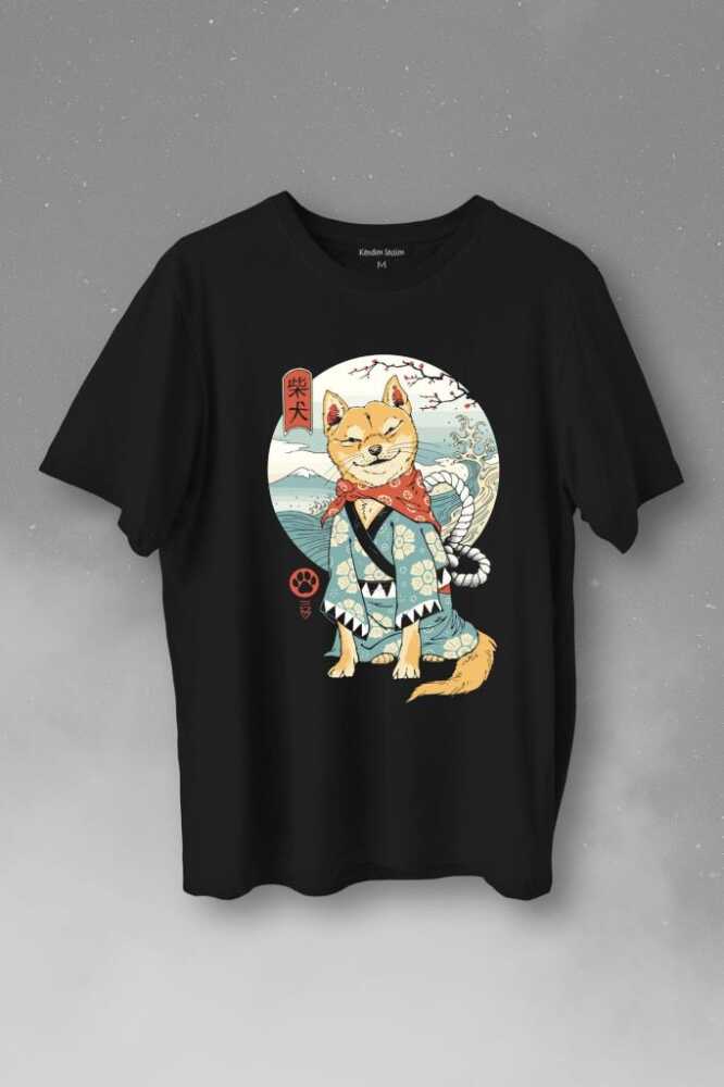 Japon Köpeği Akita Dog Shiba Inu Samurai Japanese Baskılı Siyah Tişört Unisex