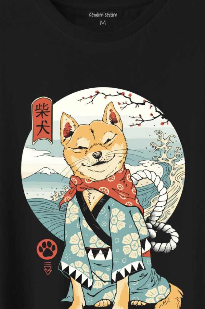 Japon Köpeği Akita Dog Shiba Inu Samurai Japanese Baskılı Siyah Tişört Unisex (1)