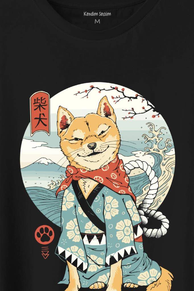 Japon Köpeği Akita Dog Shiba Inu Samurai Japanese Baskılı Siyah Tişört Unisex (1)