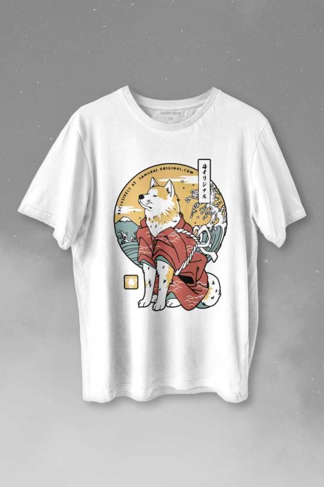 Akita Dog Japon Köpeği Shiba Inu Samurai Japanese Baskılı Beyaz Tişört Unisex