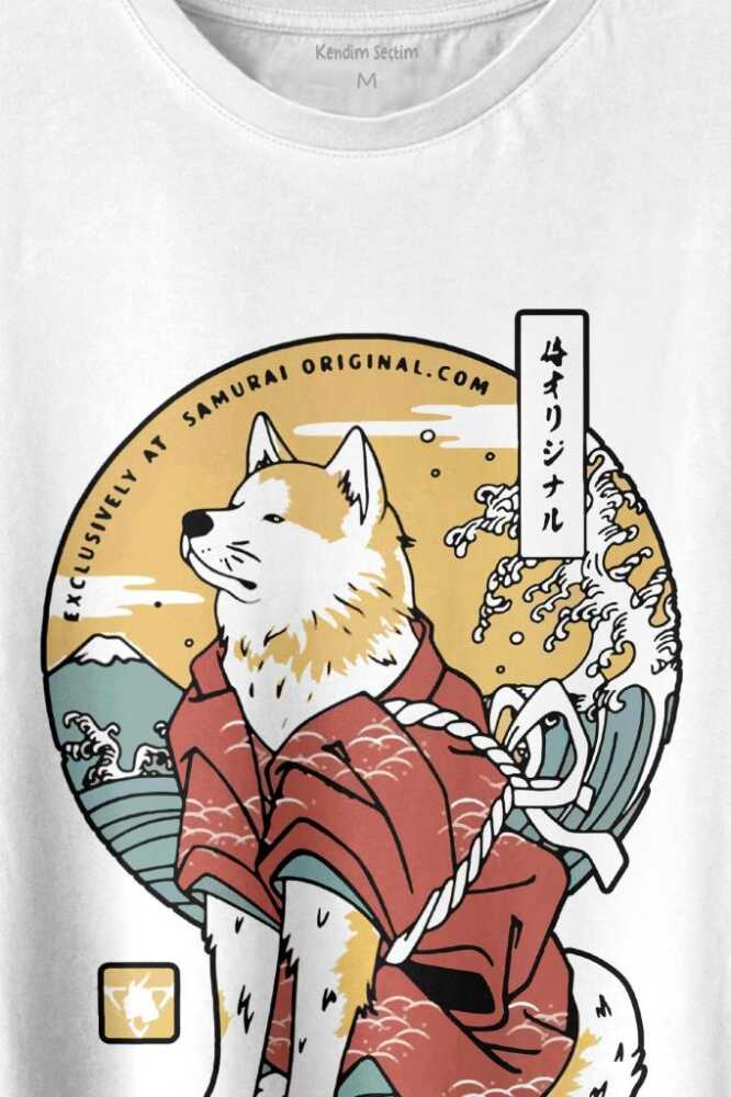 Akita Dog Japon Köpeği Shiba Inu Samurai Japanese Baskılı Beyaz Tişört Unisex (1)