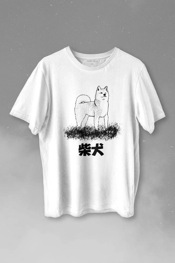 Samurai Akita Dog Japon Köpeği Shiba Inu Japanese Baskılı Beyaz Tişört Unisex