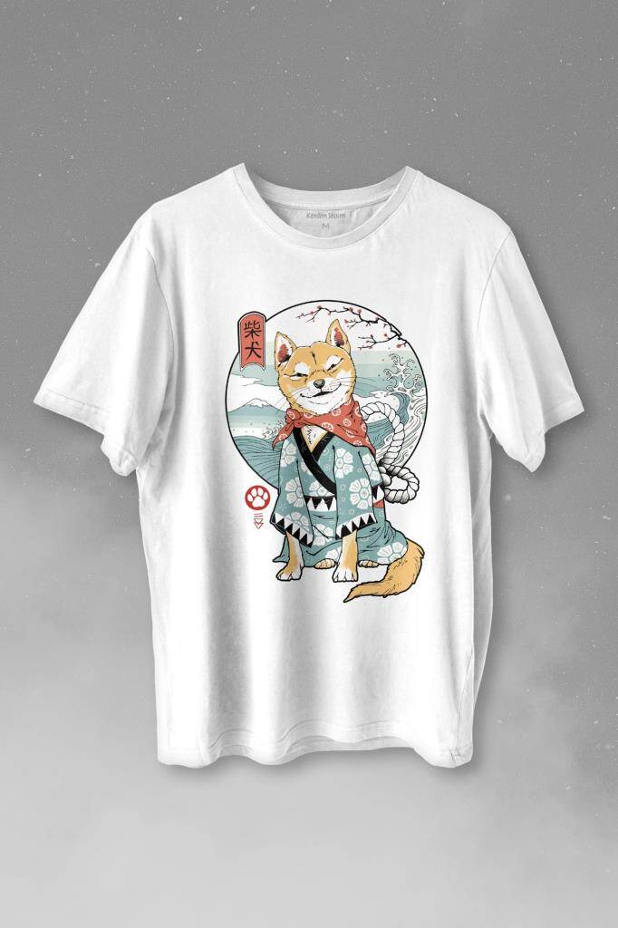 Japon Köpeği Akita Dog Shiba Inu Samurai Japanese Baskılı Beyaz Tişört Unisex