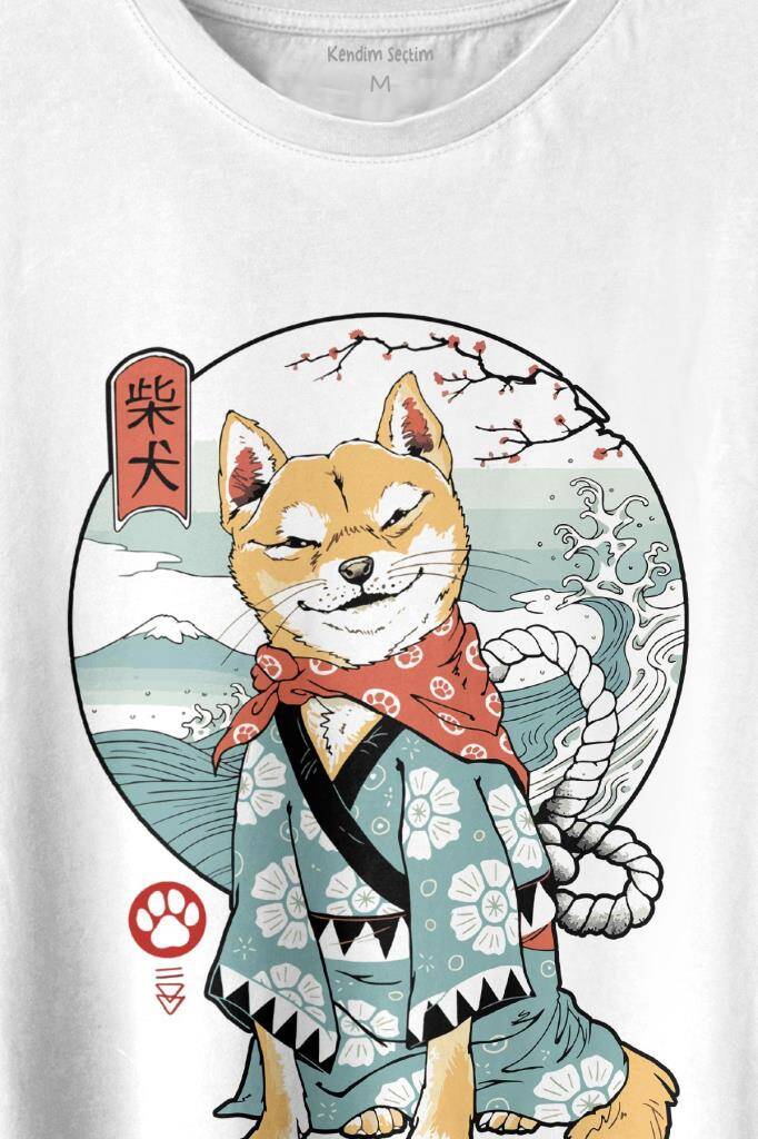 Japon Köpeği Akita Dog Shiba Inu Samurai Japanese Baskılı Beyaz Tişört Unisex (1)