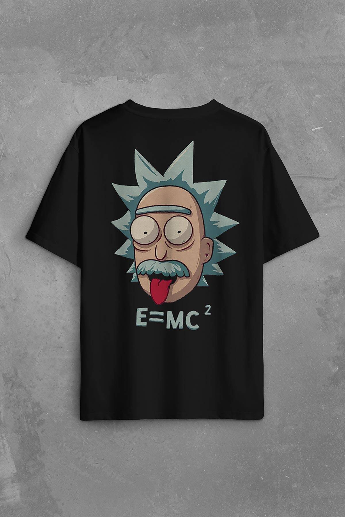 Albert Einstein E=mc2 Işık Hızı Sırt Ön Baskılı Siyah Oversize Tişört Unisex (1)
