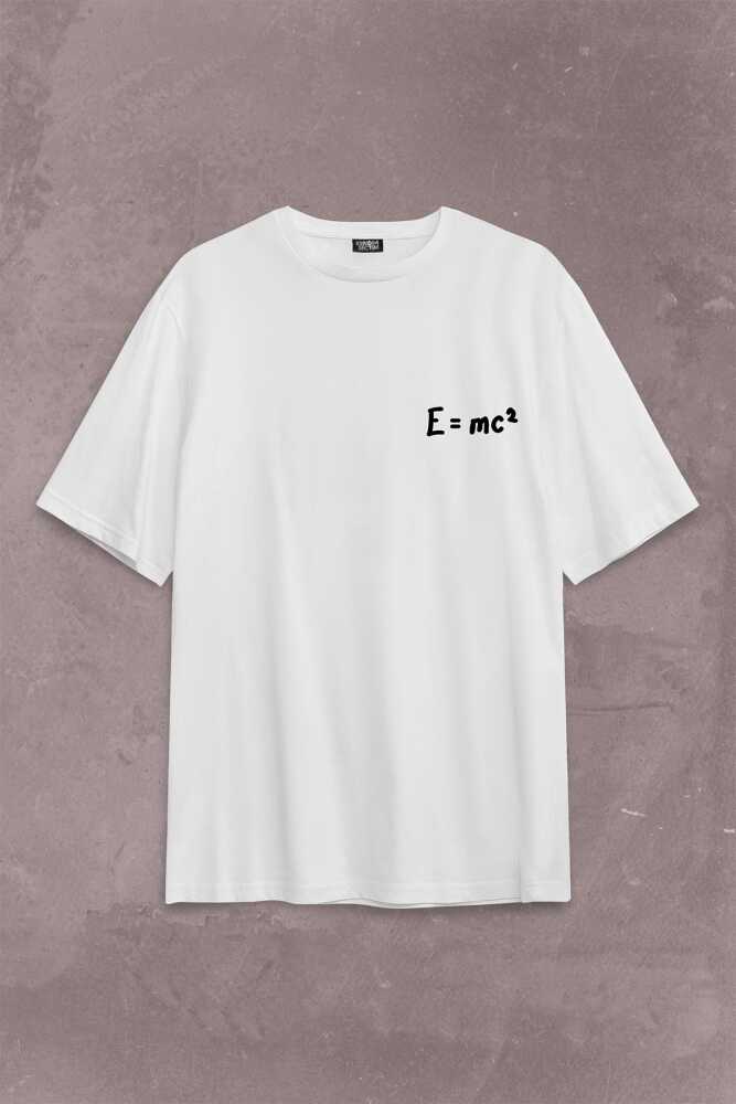 Albert Einstein İzafiyet Görelilik Teorisi E=mc2 Fizik Sırt Ön Baskılı Beyaz Oversize Tişört Unisex (1)