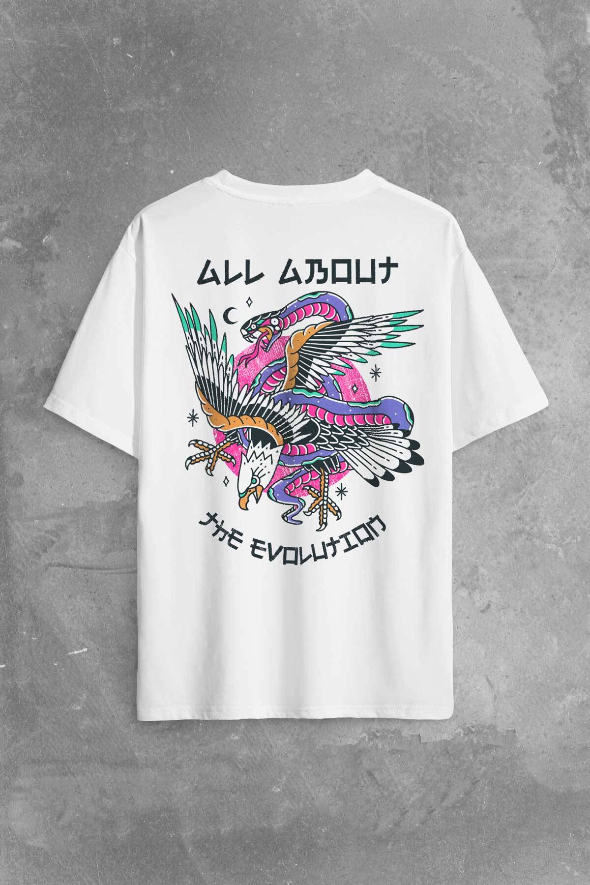 All About The Evolution Eagle and Snake Kartal ve Yılan Baskılı Oversize Beyaz T-shirt - 1