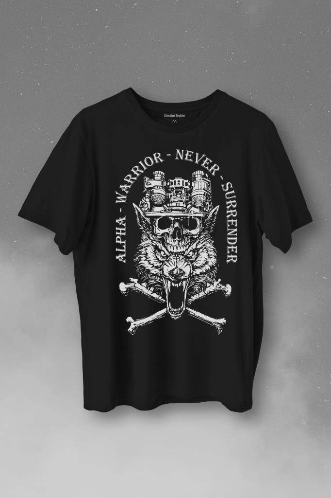 Alpha Warrior Military Savaşçı Kurt Bozkurt Baskılı Siyah Tişört Unisex