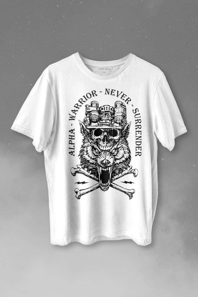 Alpha Warrior Military Savaşçı Kurt Bozkurt Baskılı Beyaz Tişört Unisex
