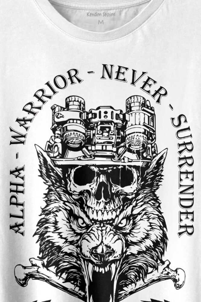 Alpha Warrior Military Savaşçı Kurt Bozkurt Baskılı Beyaz Tişört Unisex (1)