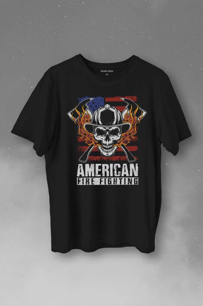 American Fire Fighter Skull Korsan Çekiç Kafalı Baskılı Siyah Tişört Unisex