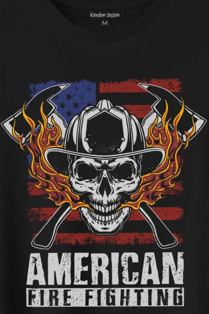 American Fire Fighter Skull Korsan Çekiç Kafalı Baskılı Siyah Tişört Unisex - 2