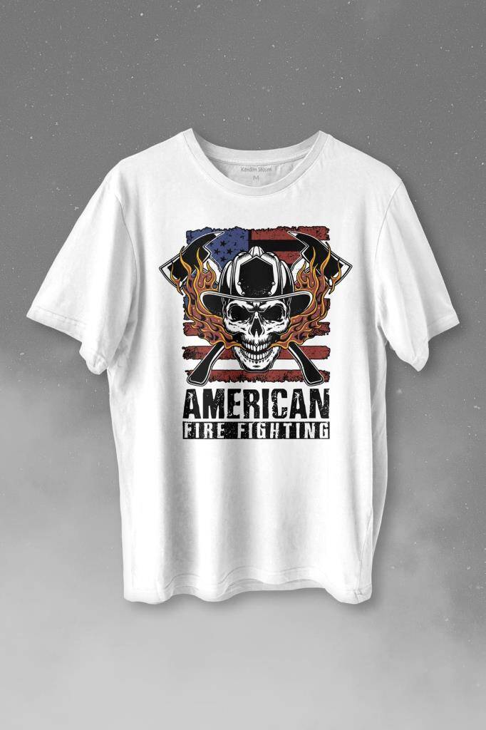 American Fire Fighter Skull Korsan Çekiç Kafalı Baskılı Beyaz Tişört Unisex