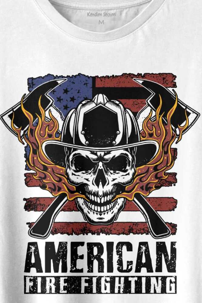 American Fire Fighter Skull Korsan Çekiç Kafalı Baskılı Beyaz Tişört Unisex (1)