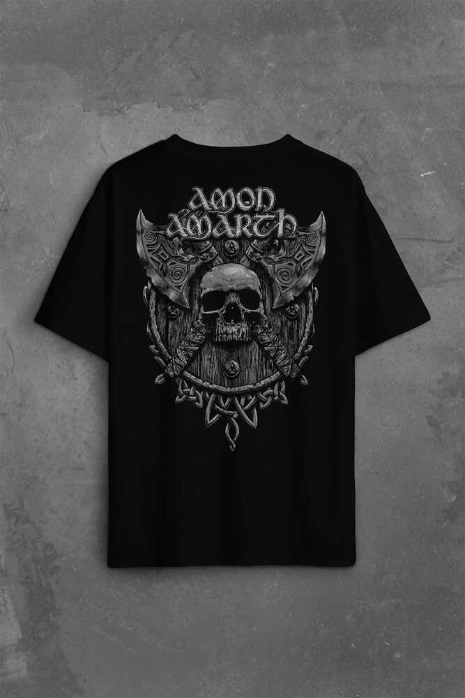 Amon Amarth Skull Logo Kuru Kafa Sırt Ön Baskılı Siyah Oversize Tişört Unisex (1)