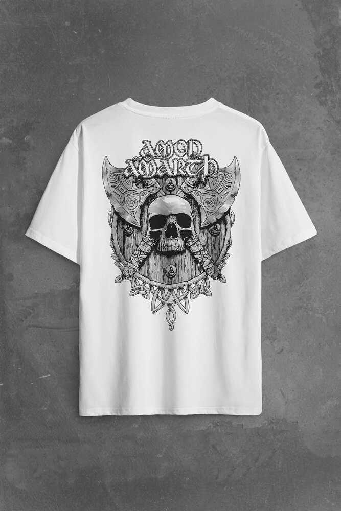 Amon Amarth Skull Logo Kuru Kafa Sırt Ön Baskılı Beyaz Oversize Tişört Unisex (1)