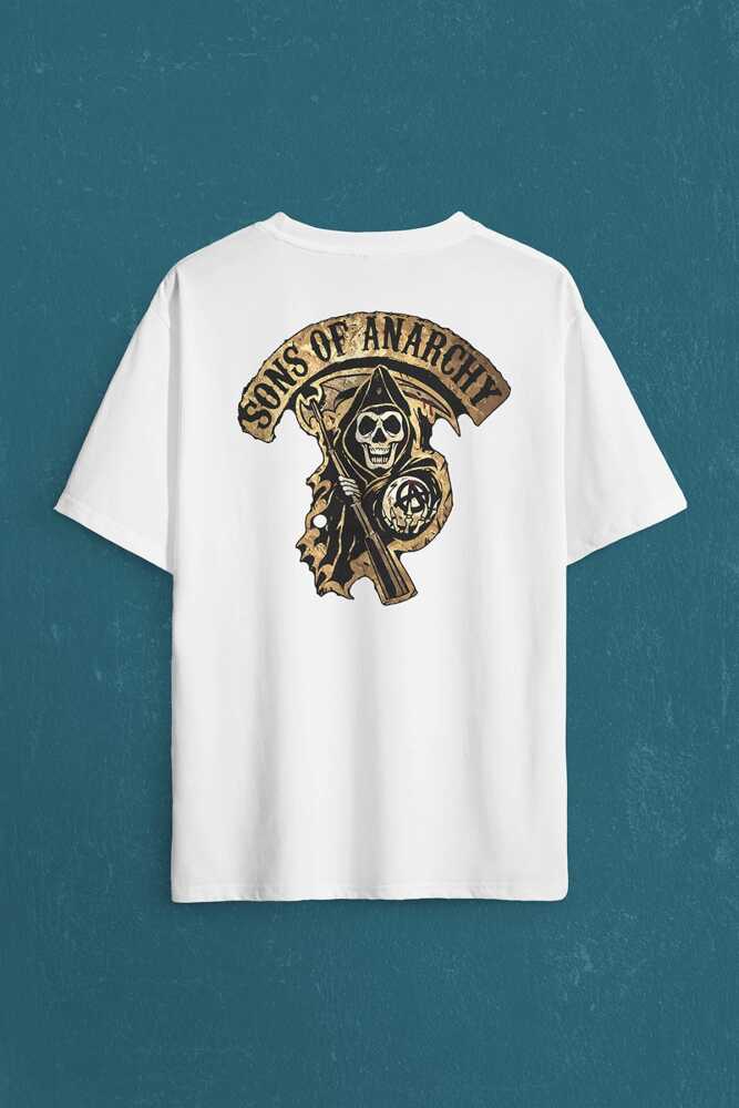 Anarşi Eylem I How To Draw The Sons Of Anarchy Sırt Ön Baskılı Beyaz Oversize Tişört Unisex (1)