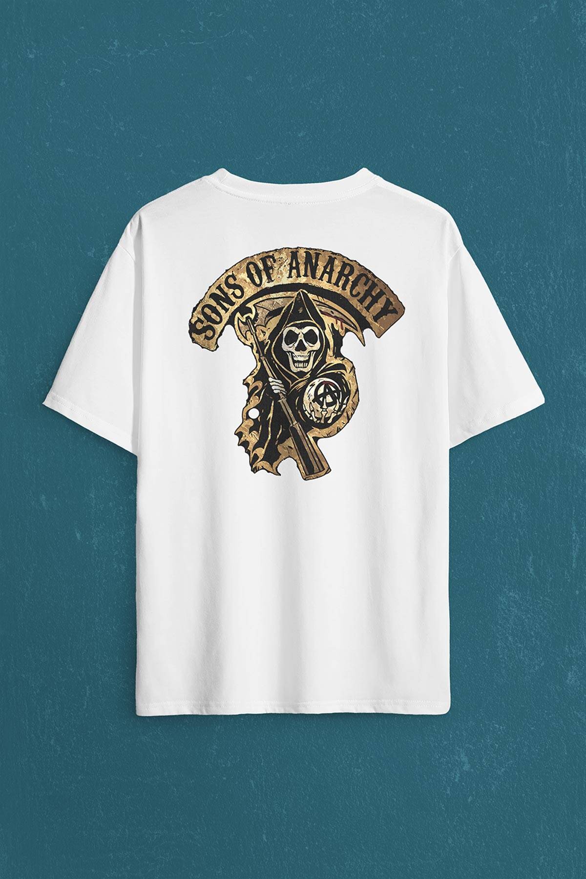 Anarşi Eylem I How To Draw The Sons Of Anarchy Sırt Ön Baskılı Beyaz Oversize Tişört Unisex (1)