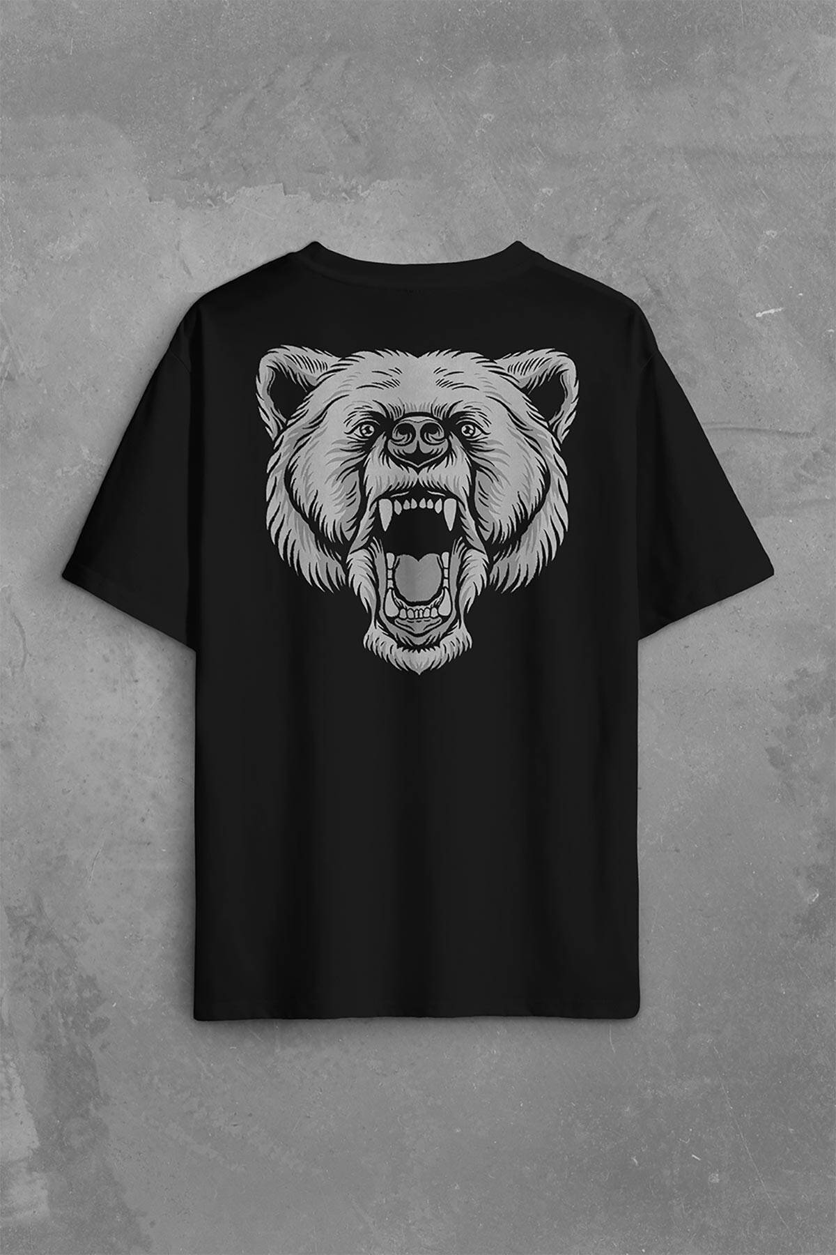 Angry Bear Head Kızgın Ayı Kafa Sırt Ön Baskılı Siyah Oversize Tişört Unisex (1)