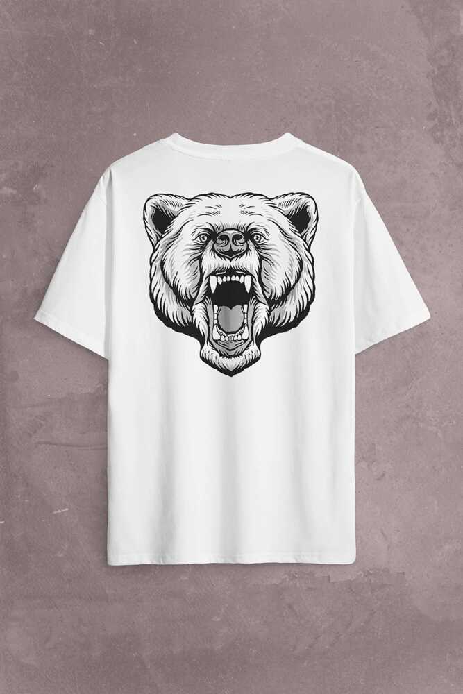 Angry Bear Head Kızgın Ayı Kafa Sırt Ön Baskılı Beyaz Oversize Tişört Unisex (1)
