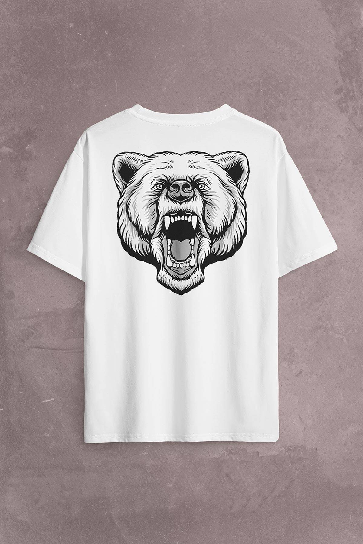Angry Bear Head Kızgın Ayı Kafa Sırt Ön Baskılı Beyaz Oversize Tişört Unisex (1)