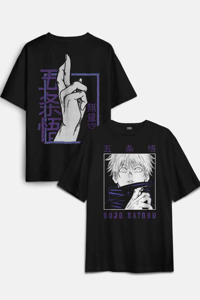 Anime Gojo Satoru Jujutsu Kaisen Japonca Yazılı Siyah Unisex Oversize Tişört