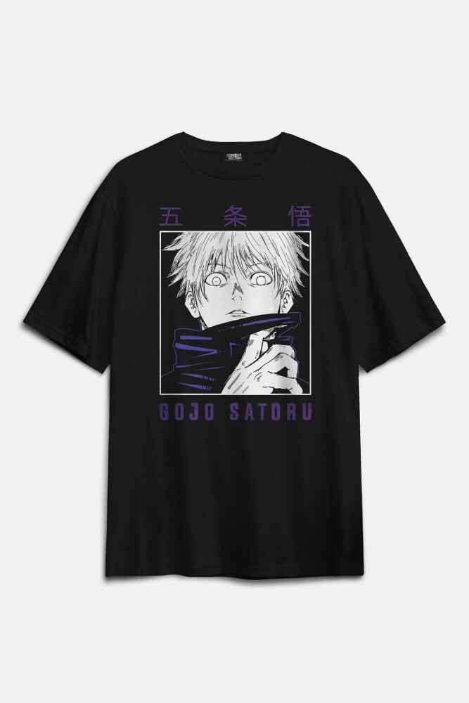 Anime Gojo Satoru Jujutsu Kaisen Japonca Yazılı Siyah Unisex Oversize Tişört - 2