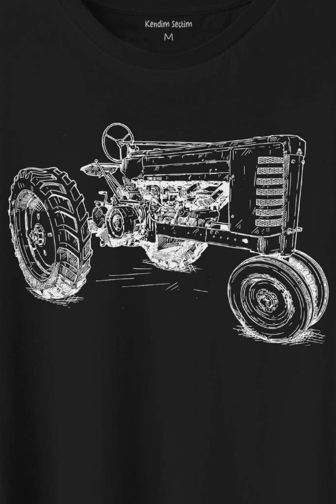Antika Traktör Siluet Tarım Çiftçi Farmer Baskılı Siyah Tişört Unisex (1)