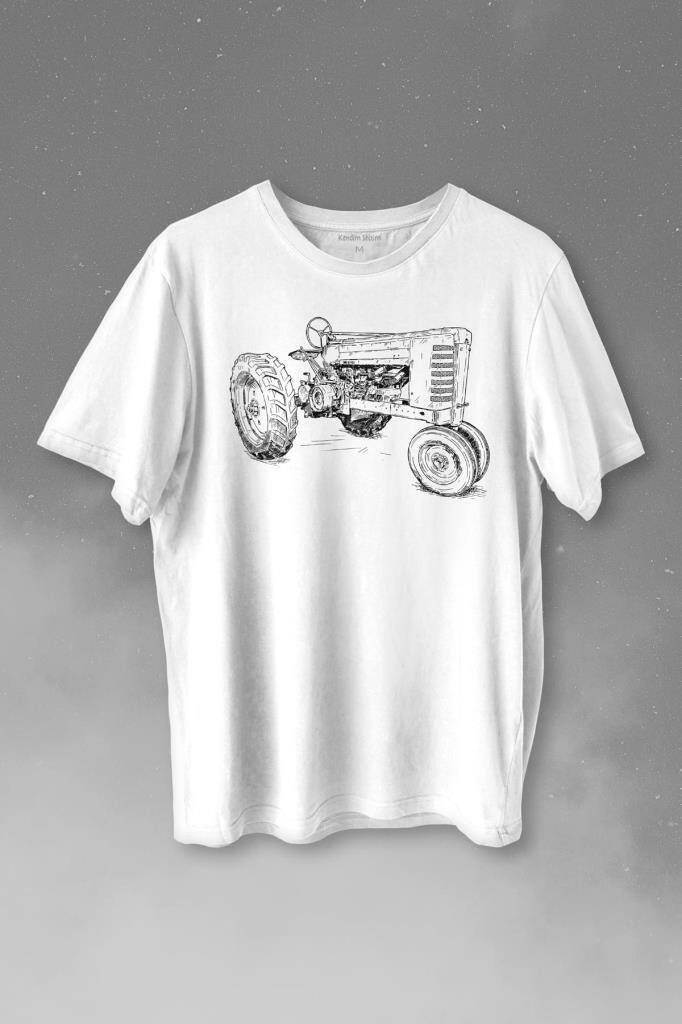 Antika Traktör Siluet Tarım Çiftçi Farmer Baskılı Beyaz Tişört Unisex