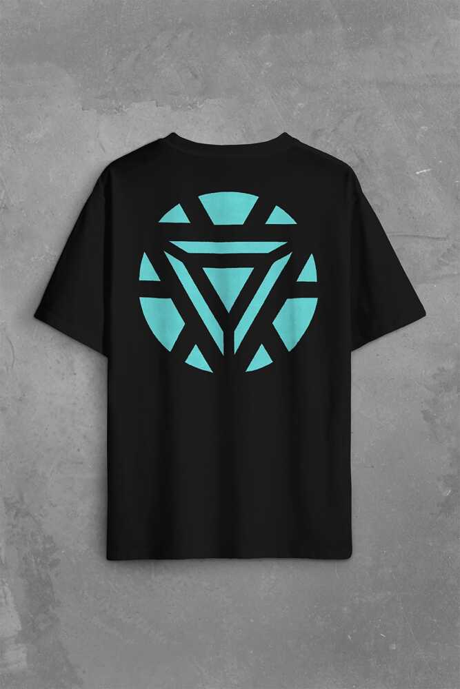 Arc Reactor Iron Man Demir Adam Sırt Ön Baskılı Siyah Oversize Tişört Unisex (1)