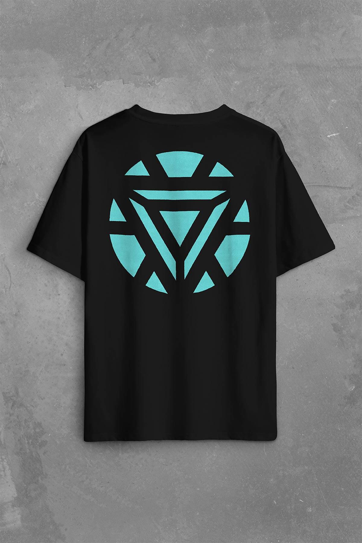 Arc Reactor Iron Man Demir Adam Sırt Ön Baskılı Siyah Oversize Tişört Unisex (1)