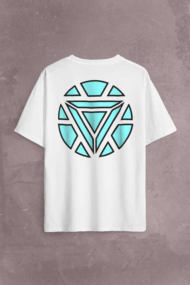 Arc Reactor Iron Man Demir Adam Sırt Ön Baskılı Beyaz Oversize Tişört Unisex (1)