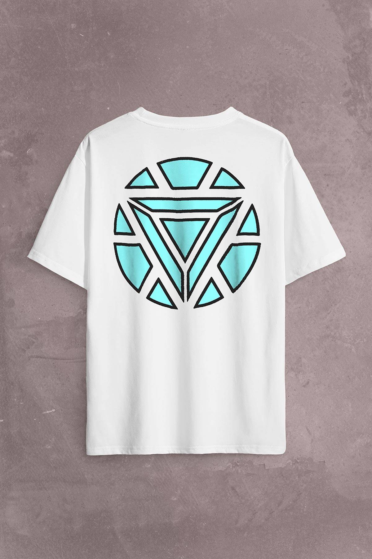 Arc Reactor Iron Man Demir Adam Sırt Ön Baskılı Beyaz Oversize Tişört Unisex (1)