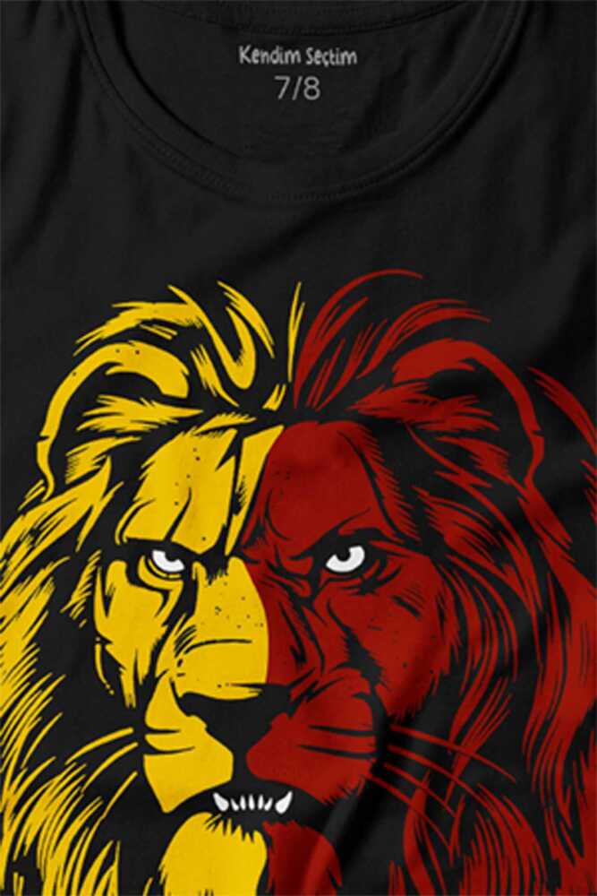 Aslan Kafası Sarı Kırmızı Yeleli Lion Head Baskılı Çocuk Tişört (1)