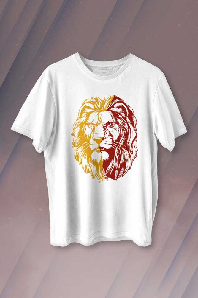 Aslan Kafası Sarı Kırmızı Yeleli Lion Head Baskılı Beyaz Tişört Unisex