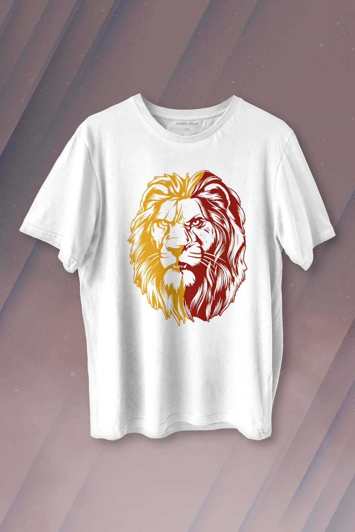 Aslan Kafası Sarı Kırmızı Yeleli Lion Head Baskılı Beyaz Tişört Unisex