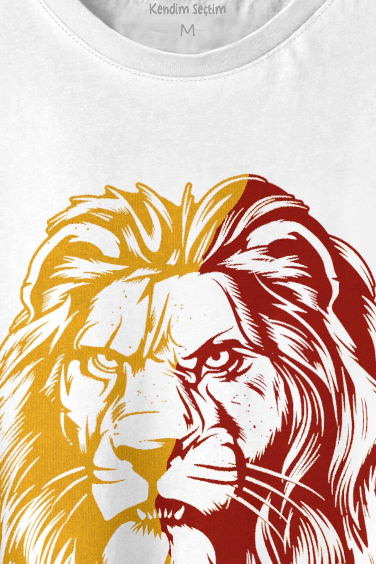 Aslan Kafası Sarı Kırmızı Yeleli Lion Head Baskılı Beyaz Tişört Unisex (1)