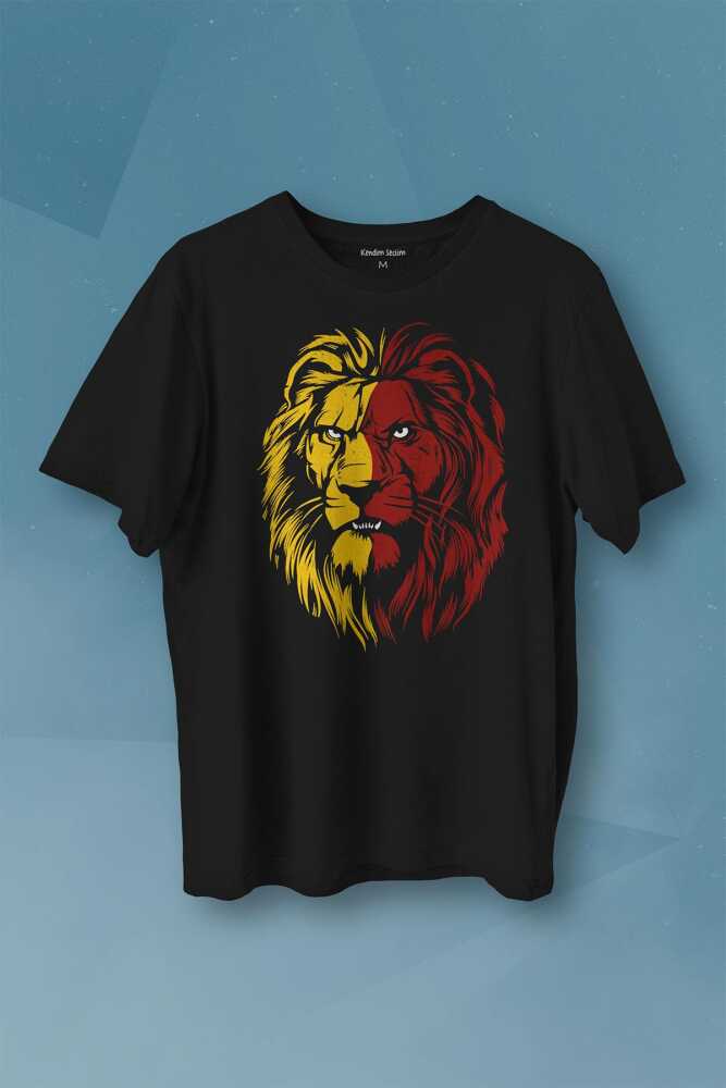 Aslan Kafası Sarı Kırmızı Yeleli Lion Head Baskılı Siyah Tişört Unisex