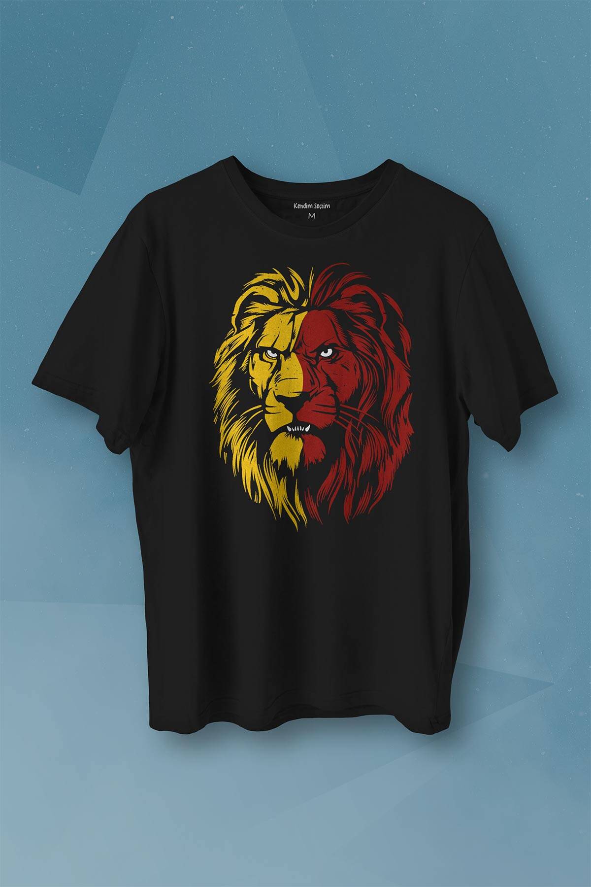 Aslan Kafası Sarı Kırmızı Yeleli Lion Head Baskılı Siyah Tişört Unisex